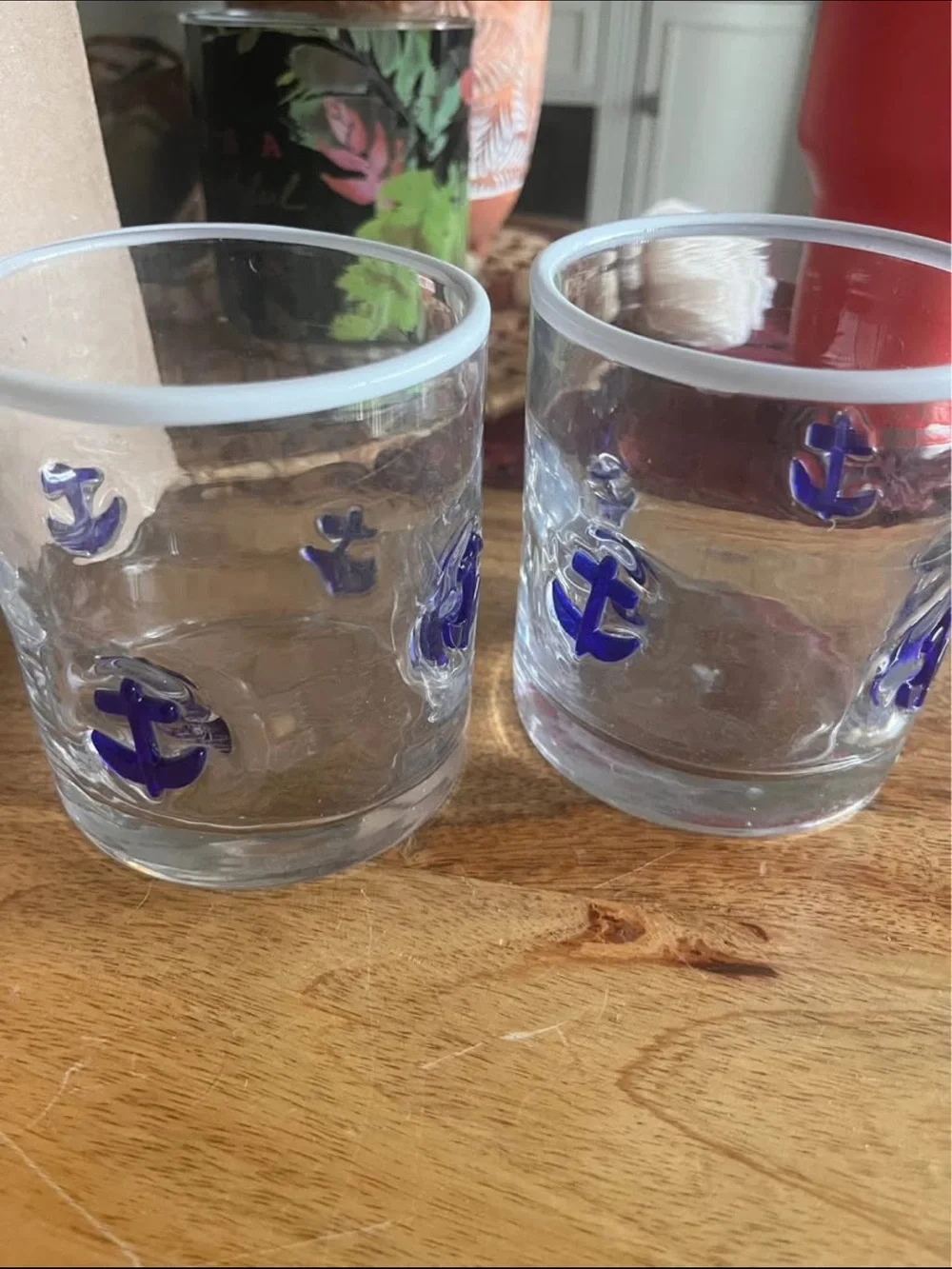 Anthropology Set of Two Anchor Accent Glass Tumblers - Blue Anchor Detail